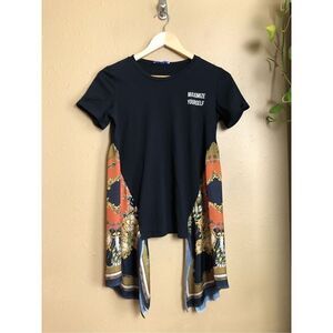 Zara Fashion black t-shirt with a colorful patterned scarf design SZ S